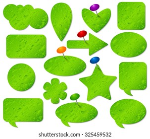 Green stickers set with misted glass effect and colored pushpins.