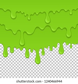 Green sticky liquid seamless element. Realistic dripping slime isolated object. Background with oozing zombie slime. Popular kids sensory game. Paint drips and flowing repeatable vector illustration.