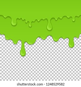 Green sticky liquid seamless element. Realistic dripping slime isolated object. Background with oozing zombie slime. Popular kids sensory game. Paint drips and flowing repeatable vector illustration.