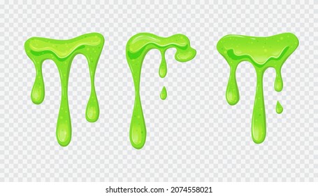 Green sticky liquid. Shiny dripping slime. Set transparent background. Vector cartoon illustration.