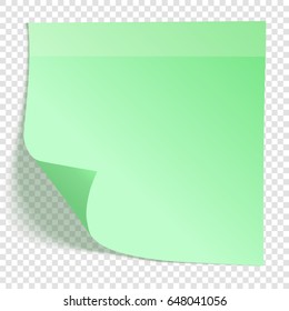 Green sticky note with transparent shadows, isolated on transparent background, vector illustration