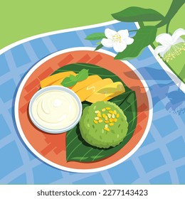 Green sticky rice and mango with coconut sauce on picnic day