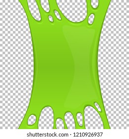 Green sticky slime banner with copy space. Frame of scary zombie slime. Popular kids sensory toy vector illustration. Realistic radioactive slime isolated object. Halloween party spooky design element