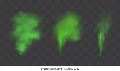 Green stink bad smell, smoke or poison gases,chemical toxic vapour.Vector realistic set of stench breath or sweat odor isolated on transparent checkered background.
