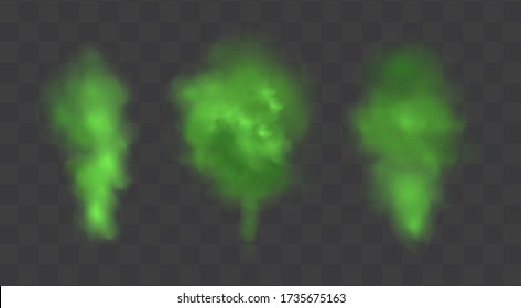 Green stink bad smell, smoke or poison gases,chemical toxic vapour.Vector realistic set of stench breath or sweat odor isolated on transparent checkered background.
