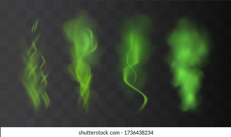 Green stink bad smell, smoke or poison gases,chemical toxic vapour.Vector realistic set of stench breath or sweat odor isolated on transparent checkered background.
