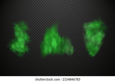 Green Stink Bad Smell, Smoke Or Poison Gases,chemical Toxic Vapour.Vector Realistic Set Of Stench Breath Or Sweat Odor Isolated On Transparent Checkered Background.
