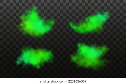 Green stink bad smell, smoke or poison gases,chemical toxic vapour.Vector realistic set of stench breath or sweat odor isolated on transparent checkered background.
