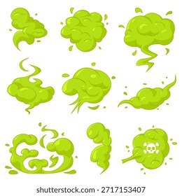 Nubes verdes apestan y humos tóxicos en estilo plano. Iconos vectoriales de olor repugnante, niebla venenosa y efectos de vapor cómico aislados sobre un fondo blanco para proyectos de diseño humorísticos.