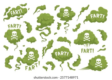 Green stinky fart. Toxic smell, bad acid clouds different form scull with bones sign, death symbol, chemicals smoke, evaporation, comic aroma streams, tainted air, nowaday vector cartoon set