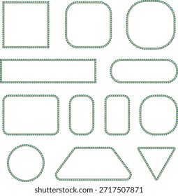Green stitched outline shapes and rounded frames set. Decorative geometric borders with handmade dotted texture. Creative UI elements for web design, apps and modern graphic layouts.
