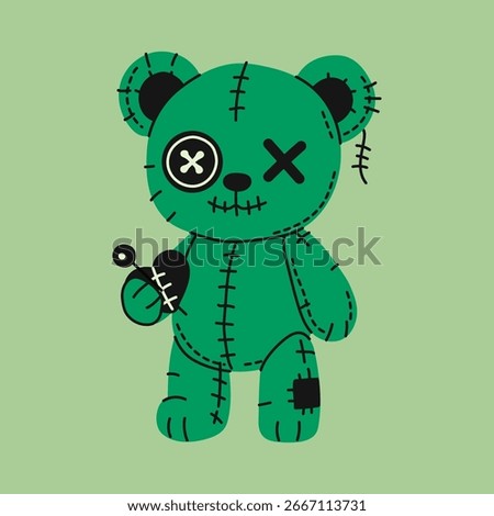 Green Stitched Voodoo Bear with Heart and Button Eye