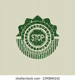 Green stop icon inside distress grunge style stamp
