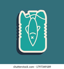Green Stop ocean plastic pollution icon isolated on green background. Environment protection concept. Fish say no to plastic. Long shadow style. Vector Illustration