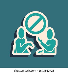 Green Stop plastic pollution icon isolated on green background. Ecological poster. Long shadow style. Vector Illustration