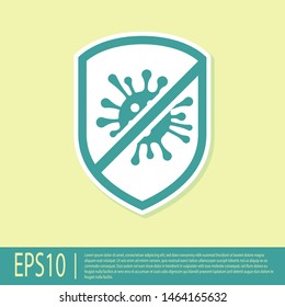 Green Stop virus, bacteria, germs and microbe icon isolated on yellow background. Antibacterial and antiviral defence, protection infection.  Vector Illustration