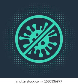 Green Stop virus, bacteria, germs and microbe icon isolated on blue background. Antibacterial and antiviral defence, protection infection. Abstract circle random dots. Vector Illustration