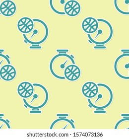Green Stopwatch with basketball ball inside icon isolated seamless pattern on yellow background. Basketball time. Sport and training.  Vector Illustration