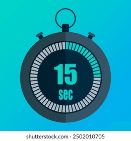 Green stopwatch icon. Fifteen seconds. 15 seconds. Time management. Vector symbol.