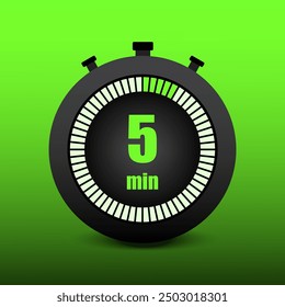 Green stopwatch icon. Five minutes. 5 minutes. Time management. Vector symbol.