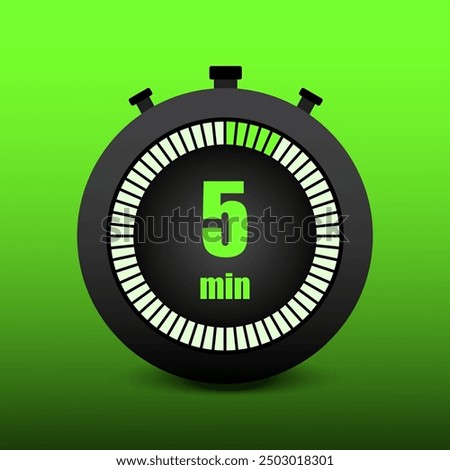 Green stopwatch icon. Five minutes. 5 minutes. Time management. Vector symbol.