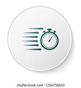 Green Stopwatch icon isolated on white background. Time timer sign. Chronometer sign. White circle button. Vector Illustration