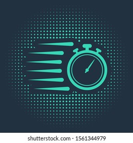 Green Stopwatch icon isolated on blue background. Time timer sign. Chronometer sign. Abstract circle random dots. Vector Illustration