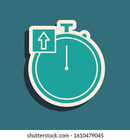 Green Stopwatch icon isolated on blue background. Time timer sign. Chronometer sign. Long shadow style. Vector Illustration