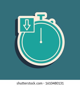 Green Stopwatch icon isolated on blue background. Time timer sign. Chronometer. Long shadow style. Vector Illustration