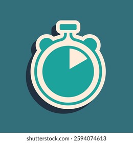 Green Stopwatch icon isolated on green background. Time timer sign. Chronometer sign. Long shadow style. Vector