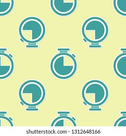 Green Stopwatch icon isolated seamless pattern on yellow background. Time timer sign. Vector Illustration