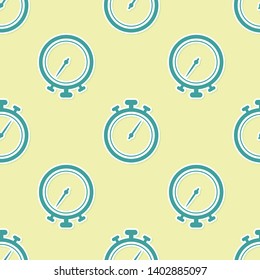 Green Stopwatch icon isolated seamless pattern on yellow background. Time timer sign. Chronometer sign. Vector Illustration