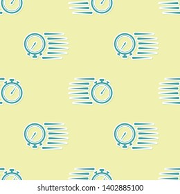 Green Stopwatch icon isolated seamless pattern on yellow background. Time timer sign. Chronometer sign. Vector Illustration