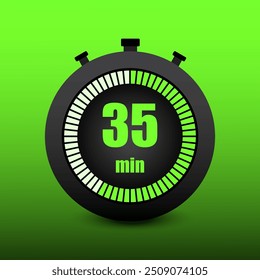 Green stopwatch icon. Thirty five minutes. 35 minutes. Time management. Vector symbol.