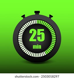 Icono de cronómetro verde. Visualización de 25 minutos. 25 minutos. Gradiente de fondo negro. Símbolo de gestión del tiempo.
