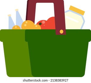 Green store basket with food groceries. Supermarket purchases