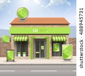 Green store design with diagonal shapes. Elements of outdoor advertising. Corporate identity