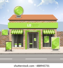 Green store design with diagonal shapes. Elements of outdoor advertising. Corporate identity