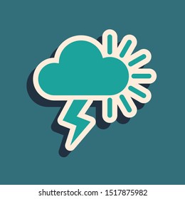 Green Storm icon isolated on blue background. Cloudy with lightning and sun sign. Weather icon of storm. Long shadow style. Vector Illustration