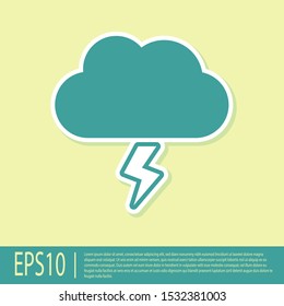 Green Storm icon isolated on yellow background. Cloud and lightning sign. Weather icon of storm.  Vector Illustration