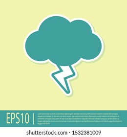 Green Storm icon isolated on yellow background. Cloud and lightning sign. Weather icon of storm.  Vector Illustration