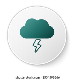 Green Storm icon isolated on white background. Cloud and lightning sign. Weather icon of storm. White circle button. Vector Illustration