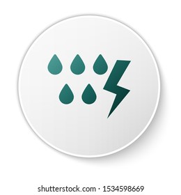 Green Storm icon isolated on white background. Drop and lightning sign. Weather icon of storm. White circle button. Vector Illustration
