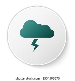 Green Storm icon isolated on white background. Cloud and lightning sign. Weather icon of storm. White circle button. Vector Illustration