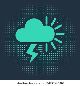 Green Storm icon isolated on blue background. Cloudy with lightning and sun sign. Weather icon of storm. Abstract circle random dots. Vector Illustration