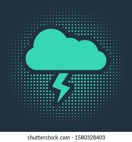 Green Storm icon isolated on blue background. Cloud and lightning sign. Weather icon of storm. Abstract circle random dots. Vector Illustration