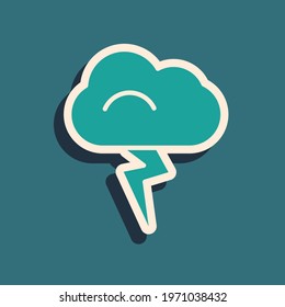 Green Storm icon isolated on green background. Cloud and lightning sign. Weather icon of storm. Long shadow style. Vector Illustration