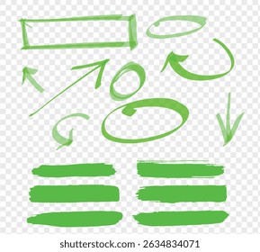 Green Straight marker line vector strokes. Green hand drawn stripes, Text highlighter pen, marker, brush, underlines strokes. Rough grunge thick paint line texture. Vector sketch rectangle text boxes