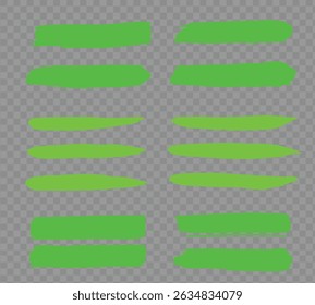 Green Straight marker line vector strokes. Green hand drawn stripes, Text highlighter pen, marker, brush, underlines strokes. Rough grunge thick paint line texture. Vector sketch rectangle text boxes