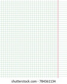 Green straight square grid line notebook sheet school paper with pink vertical line.  Education vector illustration. School background. Seamless square grid pattern.